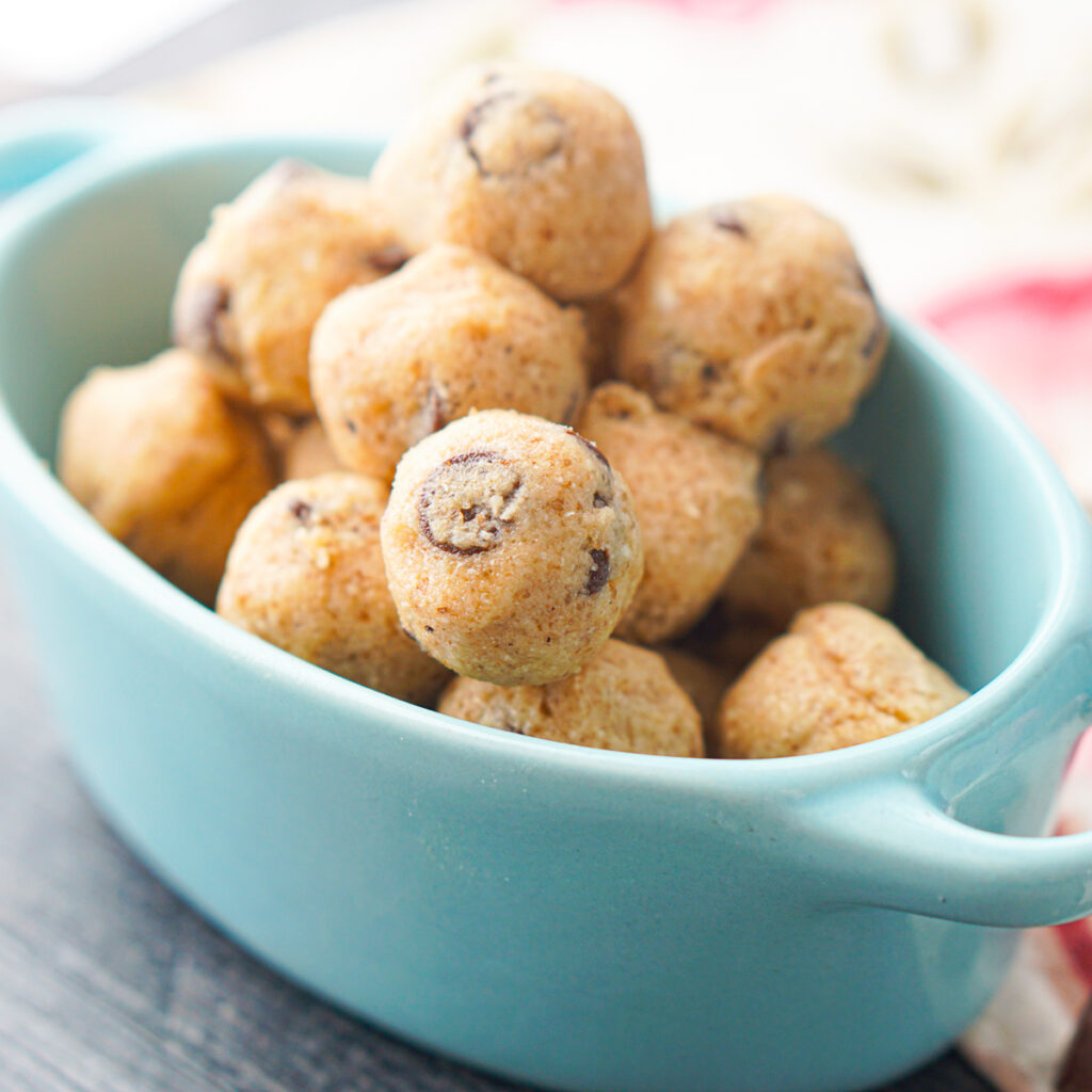 closeup of a blow bowl with keto cookie dough bites