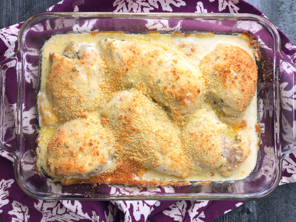 finished keto baked chicken in creamy parmesan sauce