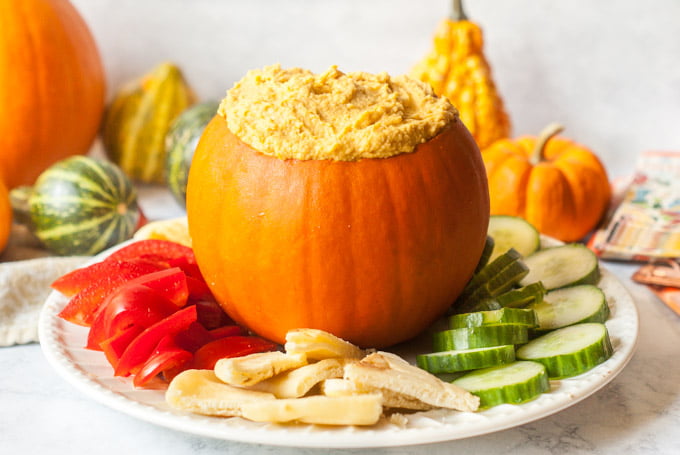 This easy spicy pumpkin hummus is an quick appetizer that's perfect for fall parties.