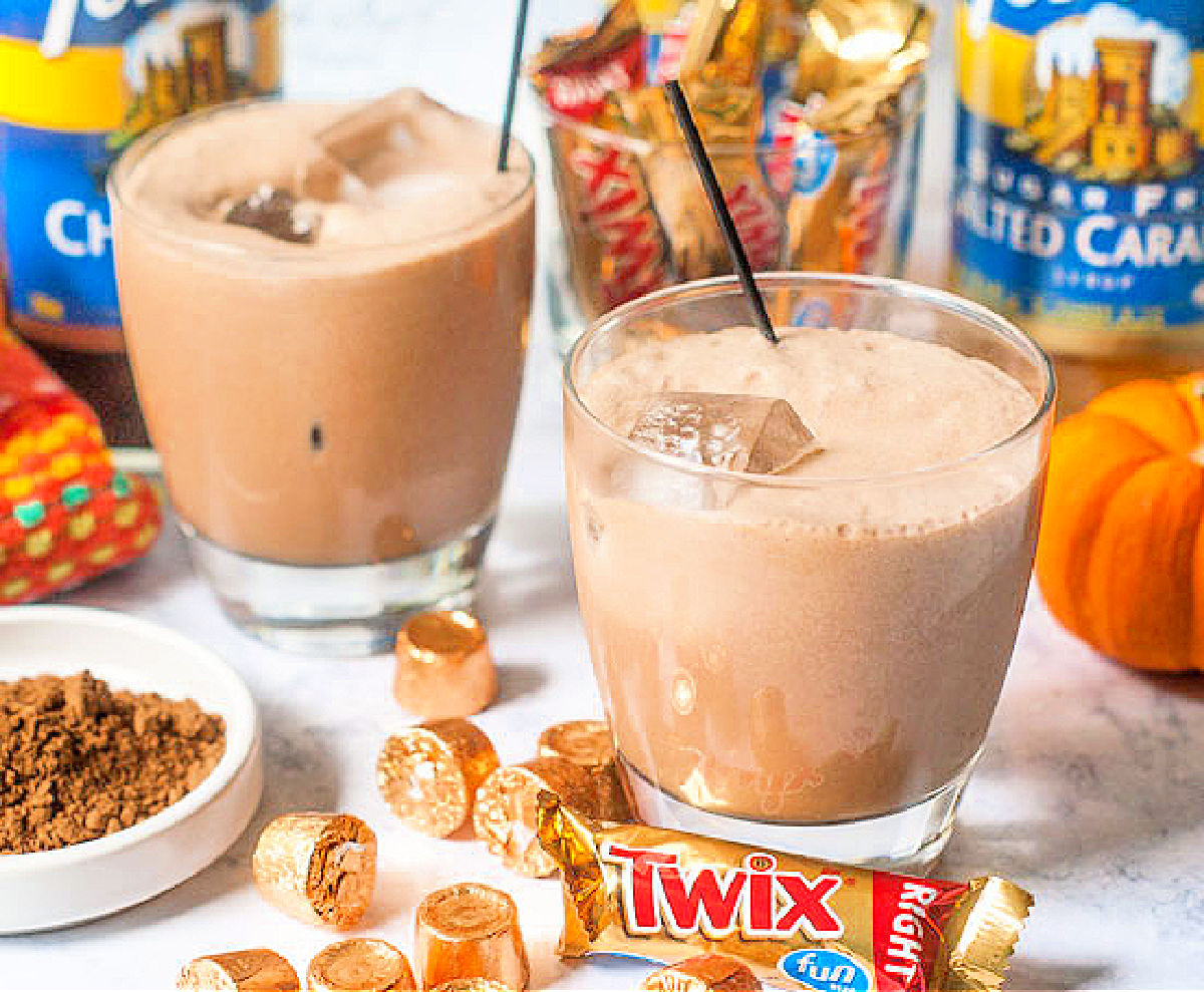 Twix flavored drink with candy in the foreground