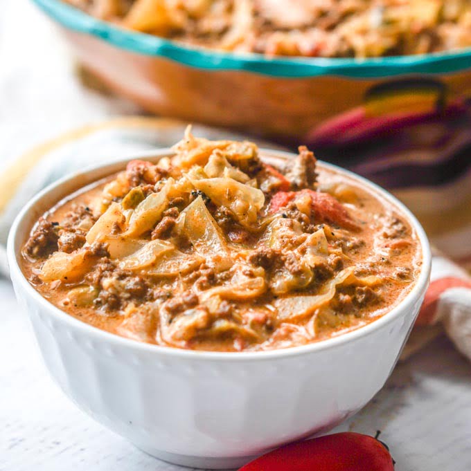 closeup of white bowl of low carb Mexican casserole