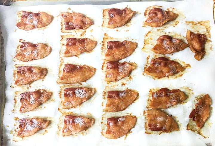 cookie sheet with finished bacon chips