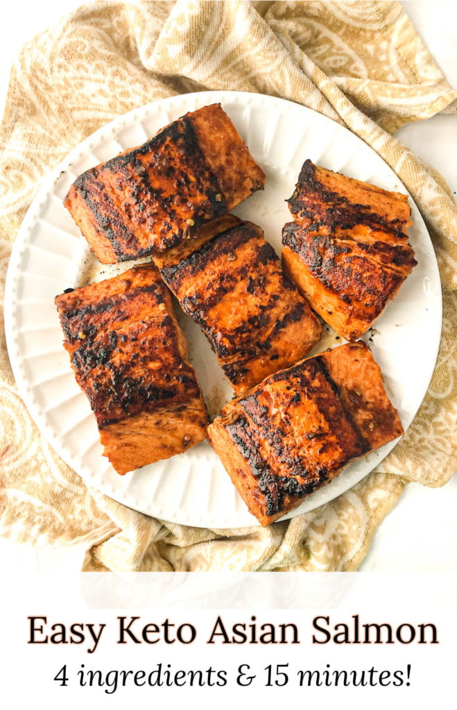 large and small white plates with Asian glazed salmon with text