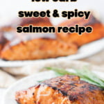 large and small white plates with Asian glazed salmon with green beans and text