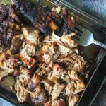 Aerial view of smoked pulled pork made in the slow cooker.