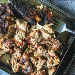 Aerial view of smoked pulled pork made in the slow cooker.