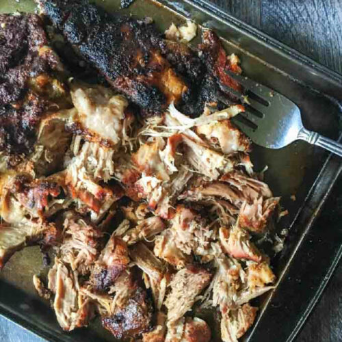 Aerial view of smoked pulled pork made in the slow cooker.