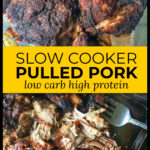 Aerial view of smoked pulled pork made in the slow cooker with text.