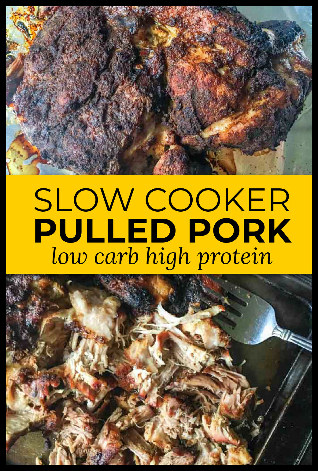 Aerial view of smoked pulled pork made in the slow cooker with text.
