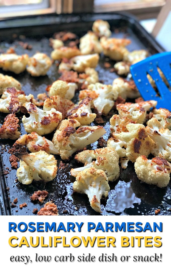 cookie sheet with rosemary parmesan cauliflower bites and text overlay