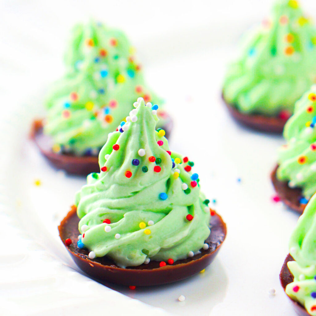 closeup of  green keto mousse Christmas trees with chocolate base