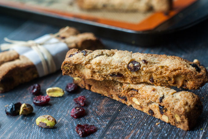 Not only are these holiday cranberry & pistachio biscotti gluten free, but they are low carb too! So if you want to make a very easy gift for someone on a low carb diet, you have to make these low carb treats. Only 2.3g net carbs per cookie.