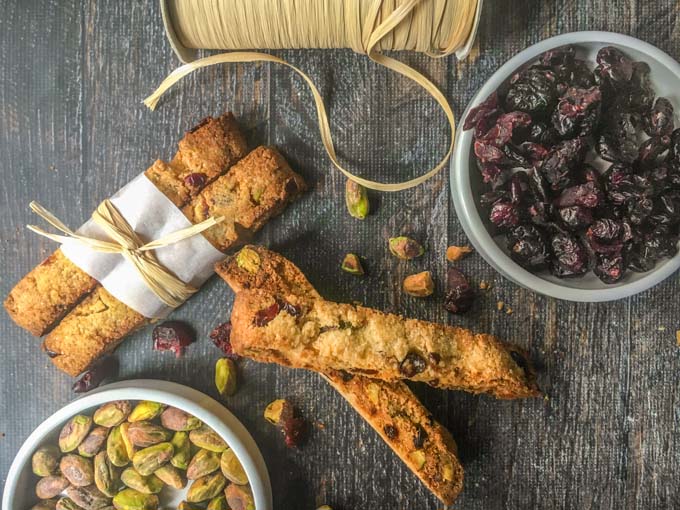 Not only are these holiday cranberry & pistachio biscotti gluten free, but they are low carb too! So if you want to make a very easy gift for someone on a low carb diet, you have to make these low carb treats. Only 2.3g net carbs per cookie.