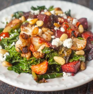 Just in time for the holiday season, this colorful and flavorful roasted vegetable & goat cheese salad is perfect for a crowd. Roasted winter vegetables are tossed in a light honeyed dressing and topped with tangy goat cheese.