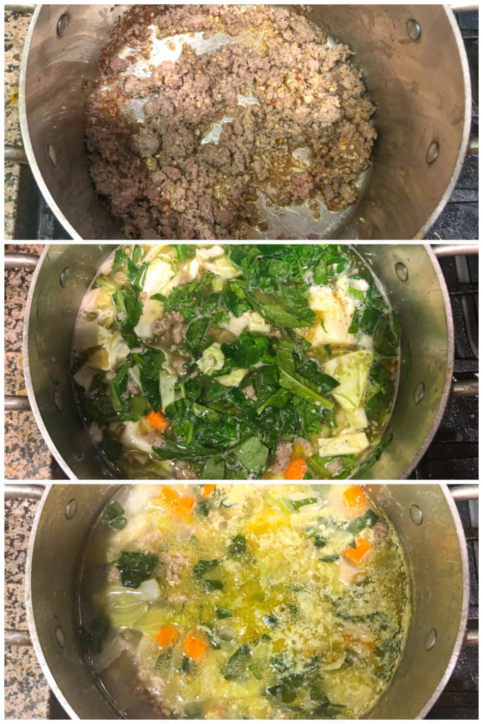 collage of soup pot in stages of make keto sausage & cabbage soup