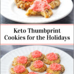 white plates with keto thumbprint cookies with pink icing and text