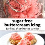 mixing bowl with sugar free icing and a plate of keto cookies with text