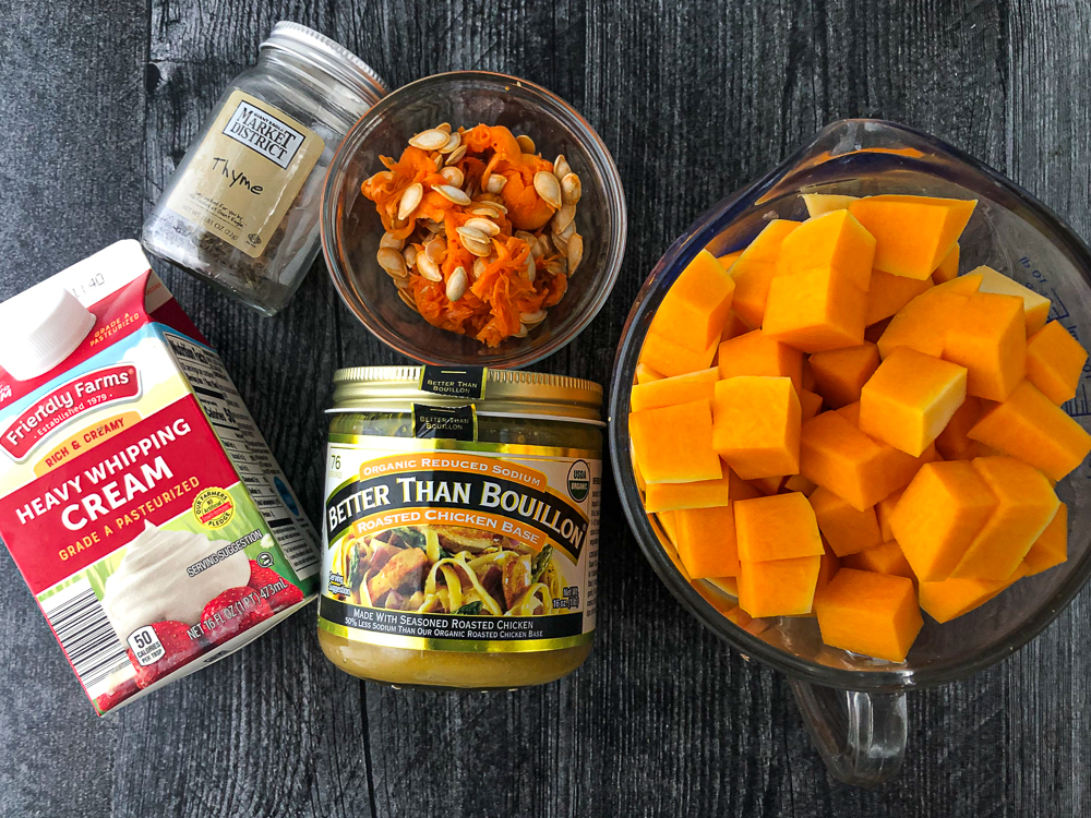 ingredients to make soup - cubed butternut squash, Better than Bouillon, heavy cream and thyme