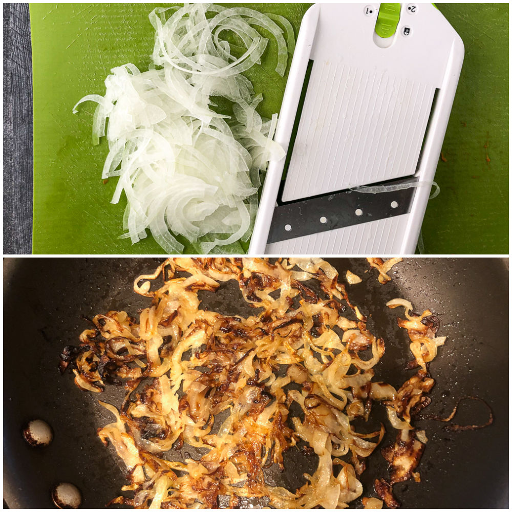 collage of pictures showing how to make caramelized onions