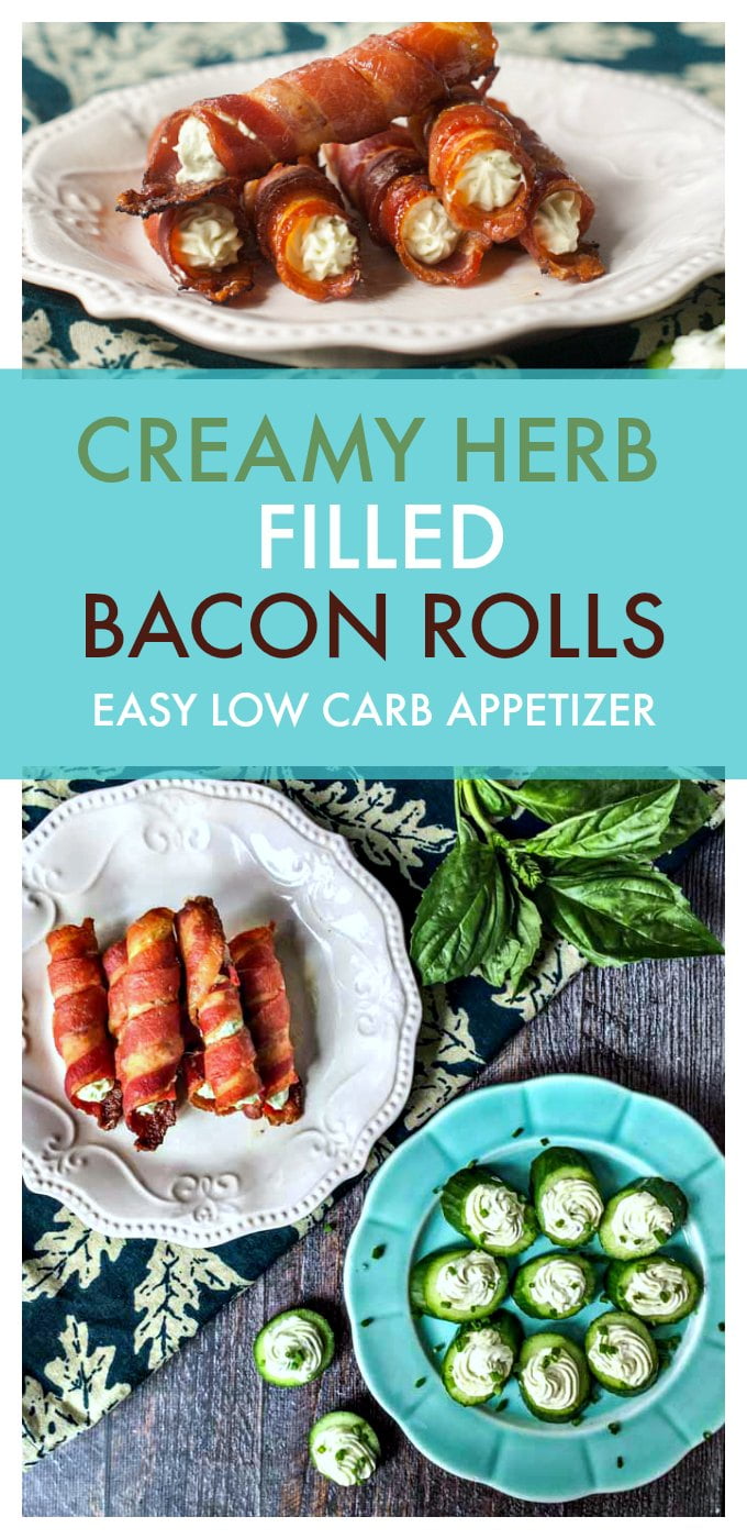 These creamy herb filled bacon rolls are sure to be a hit at your next party. As a low carb appetizer it's easy and delicious. The herb cream filling can be used on cucumber slices as well. #lowcarbappetizer #baconrolls #baconappetizer #ketoappetizer