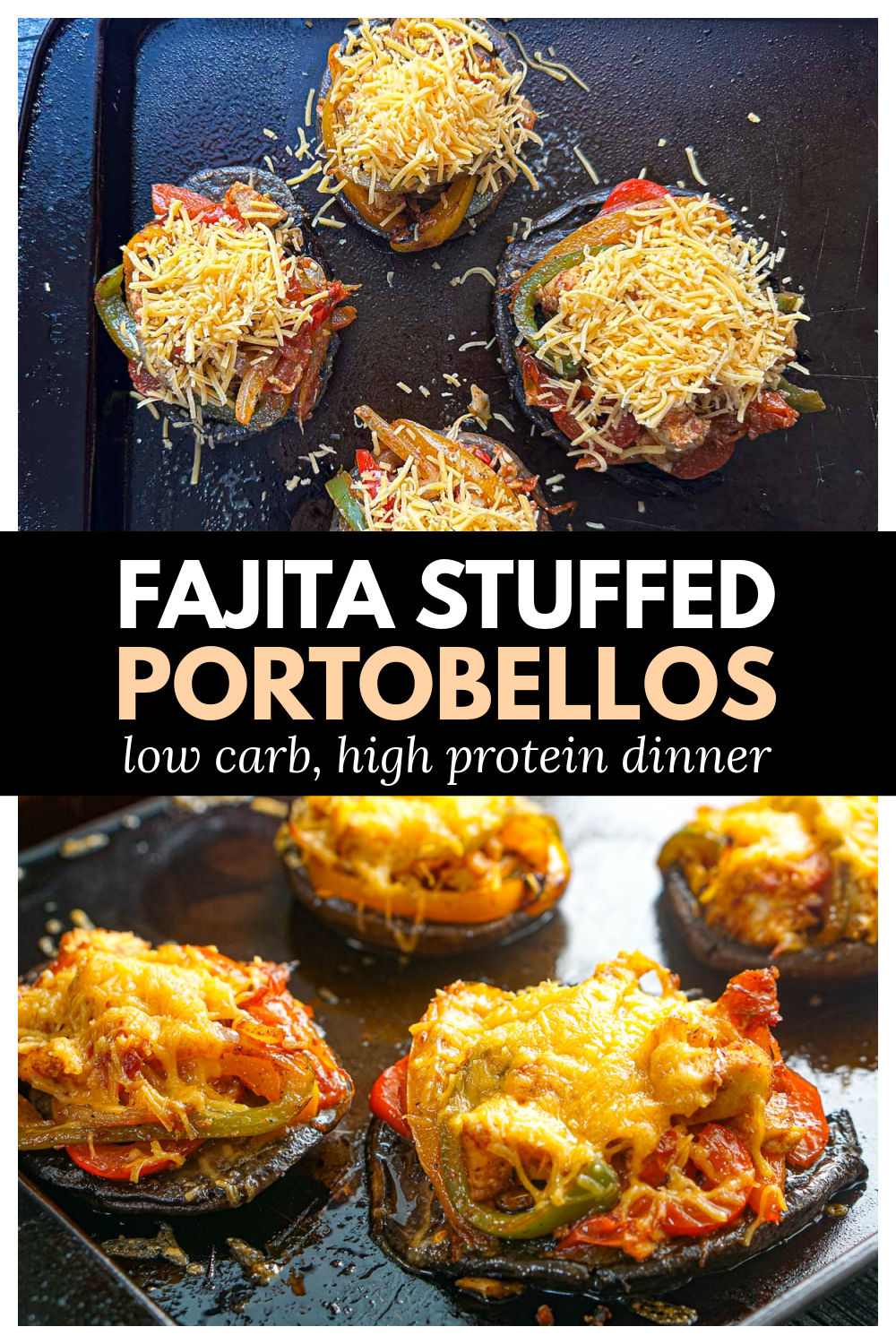 Baking sheet with low carb chicken stuffed portobello mushrooms with Mexican flavors and topped with melted cheese and text.