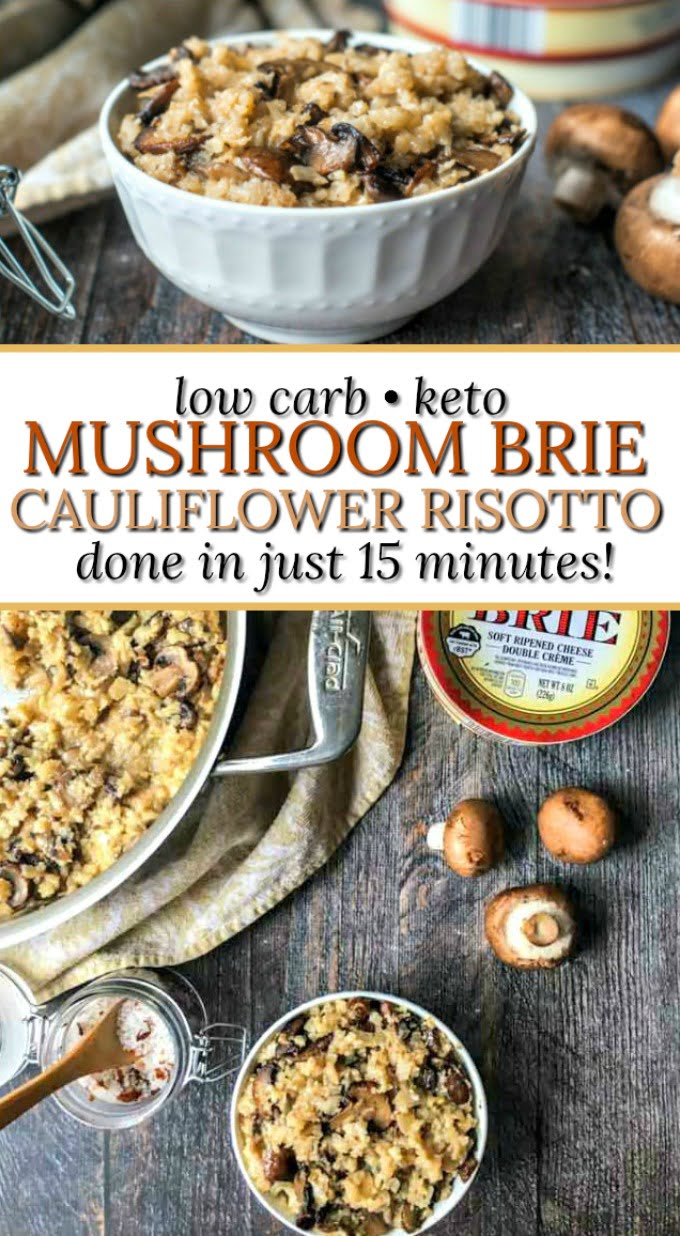 white bowl mushroom & brie cauliflower rice with mushrooms and brie scattered with text
