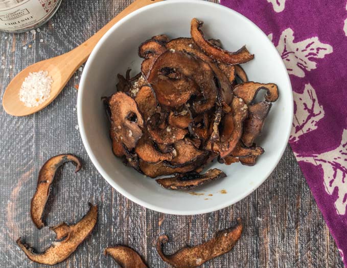 If you like mushrooms you will love these low carb portobello mushroom chips. It's simple to make these mushroom chips and they are full of flavor with only 0.4g net carbs per serving.