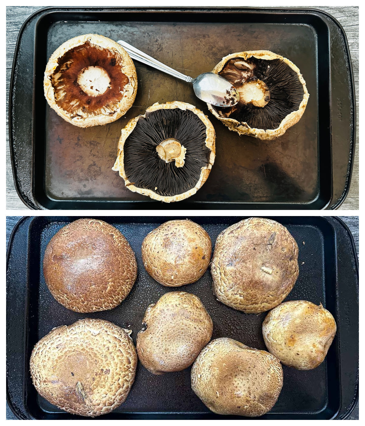 Collage of pics showing how to clean and prepare portobello caps.