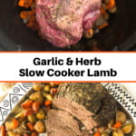metal platter with slow cooker lamb should and scatter roasted potatoes and carrots with text overlay