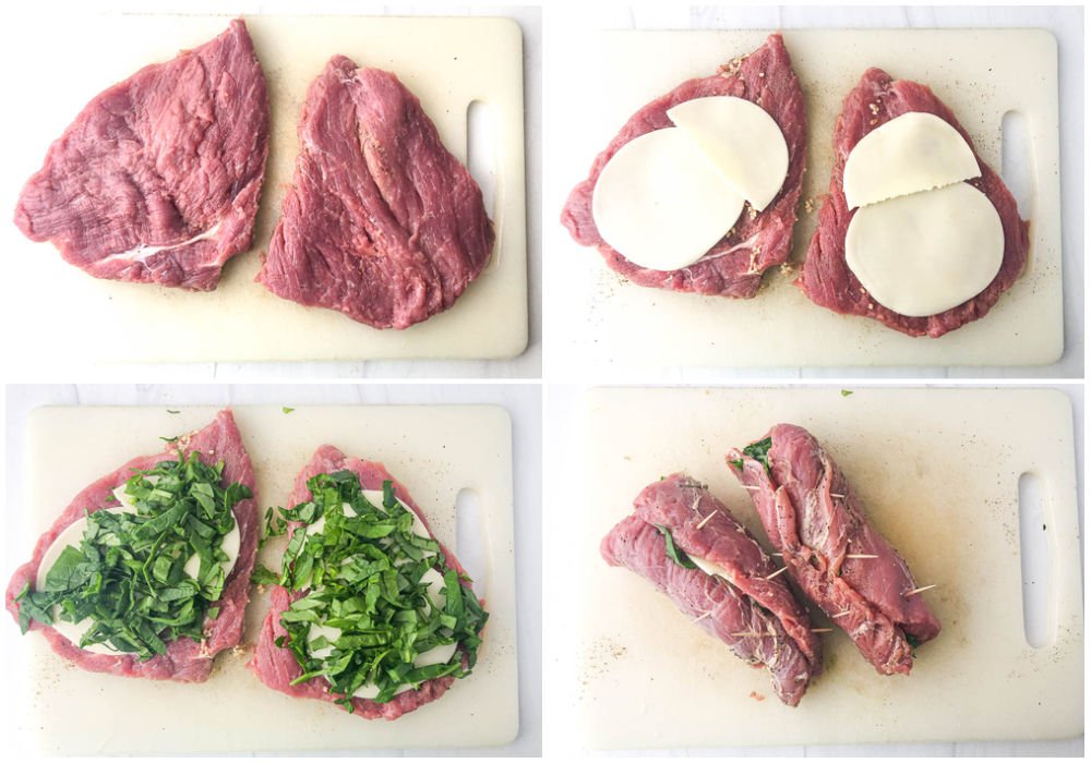 collage of pictures showing how to stuff and roll a pork tenderloin