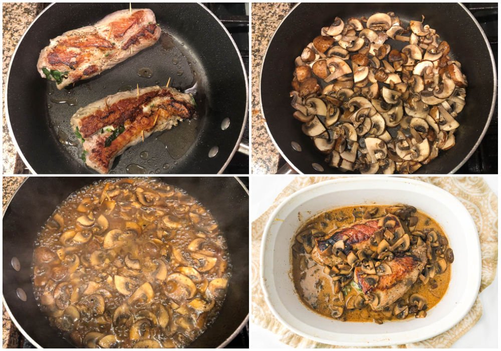 collage of pictures showing how to sear pork and make the mushrooms sauce