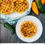 aerial view of plates of keto jalapeno cheddar waffles and text