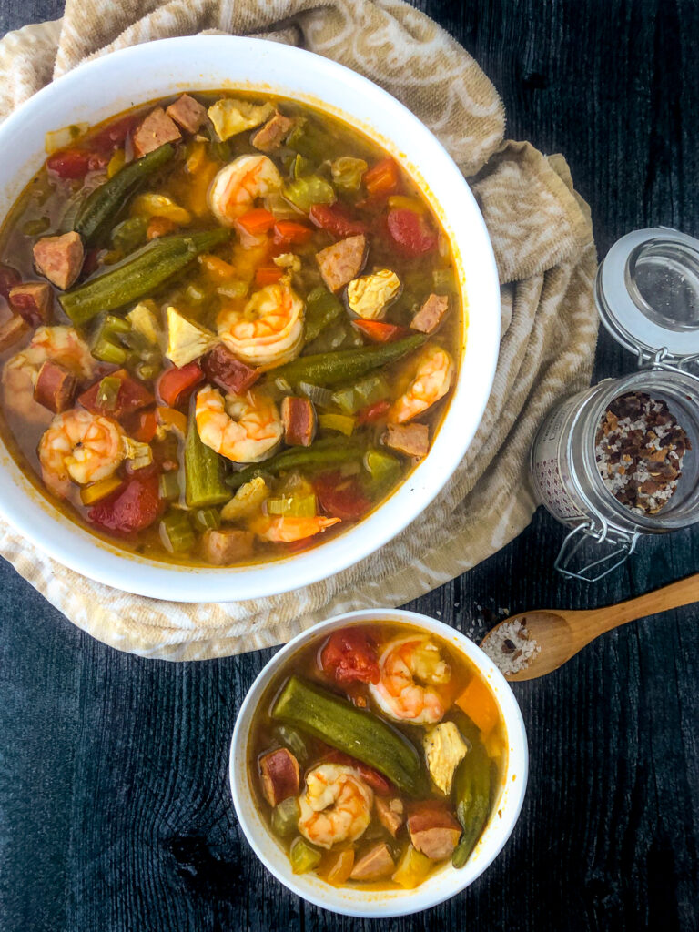 a large and small bowl with low carb jambalaya soup