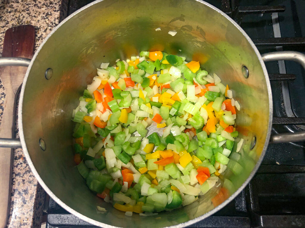 pan with diced onions, peppers and celery
