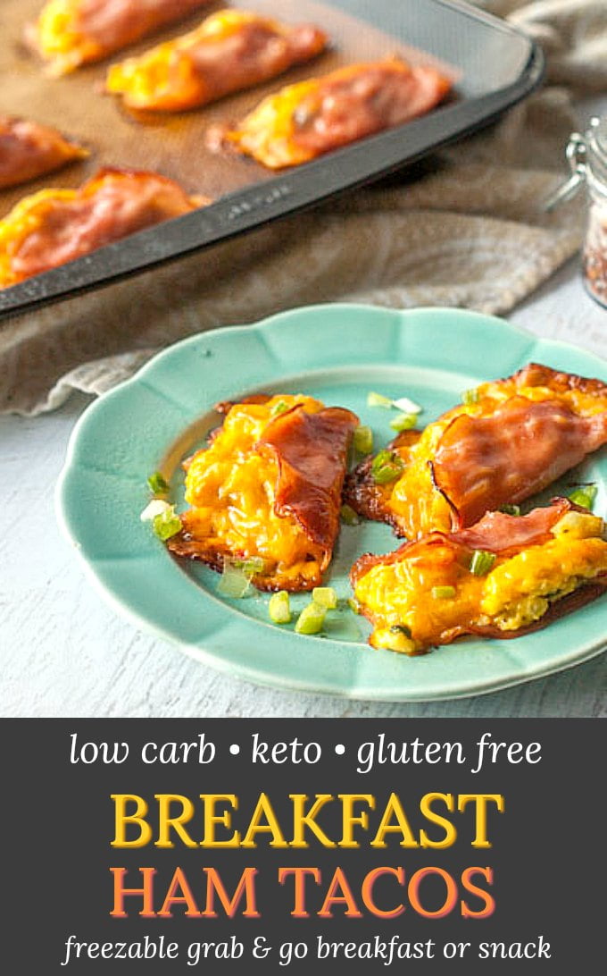 green plate with low carb breakfast ham tacos and cookie sheet with text