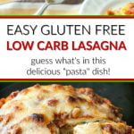 cookie sheet and plate with low carb gluten free lasagna with text