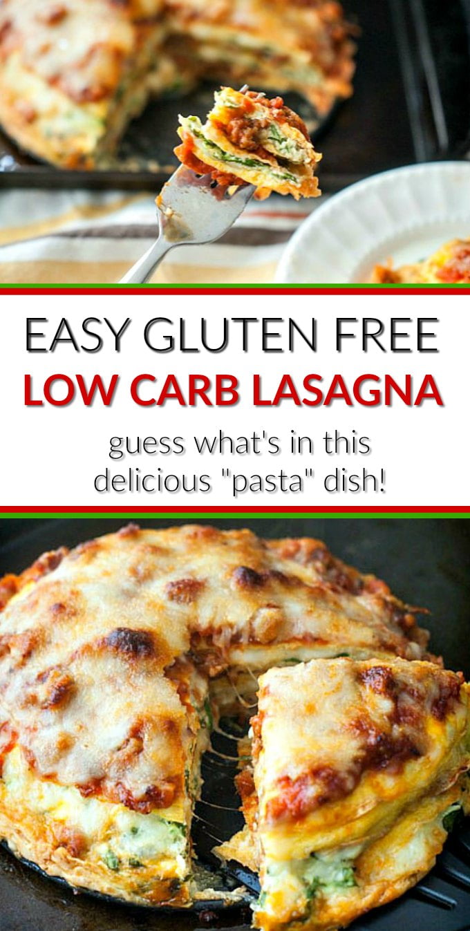 cookie sheet and plate with low carb gluten free lasagna with text