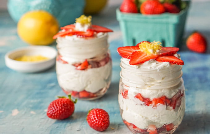 And a bit of sunshine to your winter day with these low carb lemon strawberry cheesecakes treats. Whip up this delicious and easy no bake dessert in minutes.