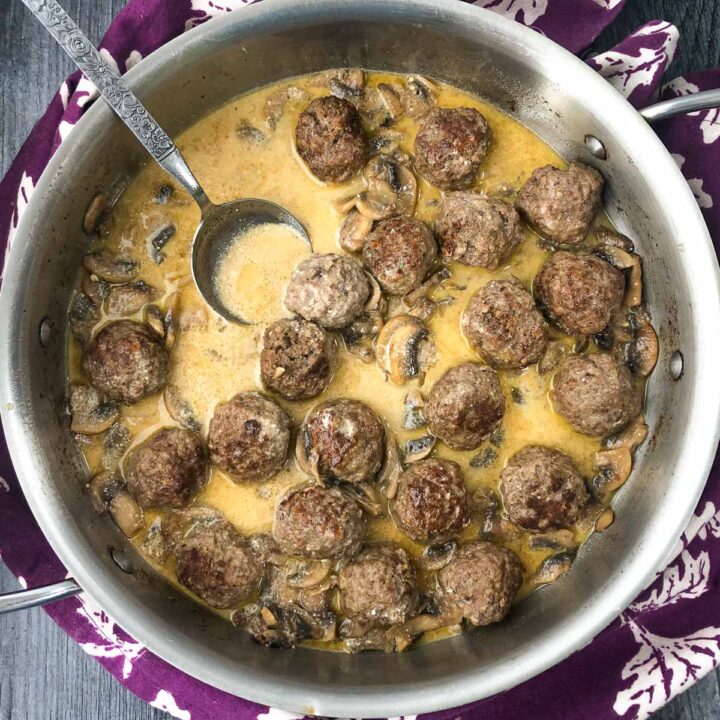 aerial view of a pan of keto beef meatball stroganoff