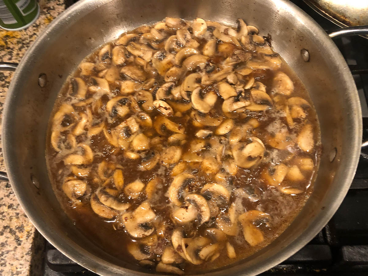 pan with mushrooms and beef sauce