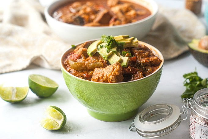 This low carb pork & pepper stew is a warming and delicious winter stew you can make easily make in the Instant Pot or slow cooker. A mixture of peppers and spicy broth go well with the meaty chunks of pork. Only 6.8g net carb per serving.