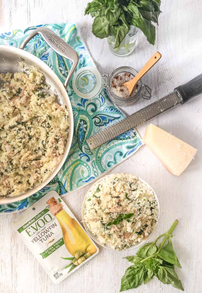This low carb Creamy Basil Tuna & Cauliflower Risotto is a delicious meal you can make in just 10 minutes!