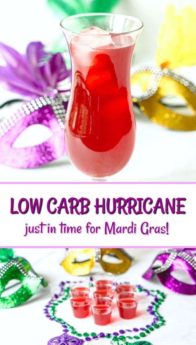 low carb hurricane drink for Mardi Gras with text