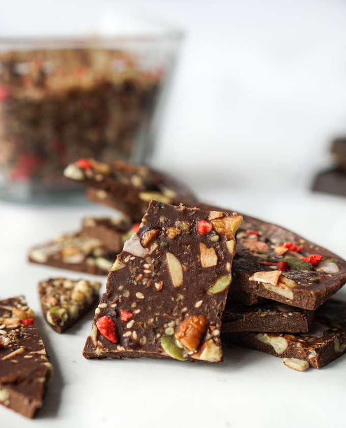 This low carb chocolate bark is loaded with good for nuts, seeds and other superfoods. You can even eat the ingredients as a healthy cereal in the morning.
