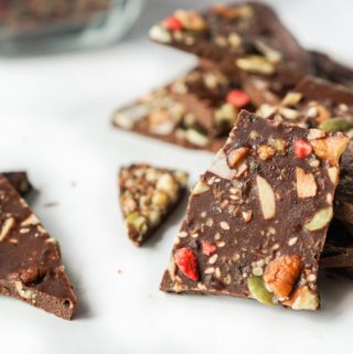 This low carb chocolate bark is loaded with good for nuts, seeds and other superfoods. You can even eat the ingredients as a healthy cereal in the morning.