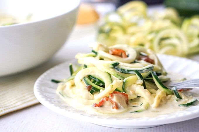 Who would know low carb zucchini noodles carbonara could taste so good! This easy low carb pasta dish takes less than 20 minutes to make and is so rich and creamy you will really enjoy the veggie noodles!