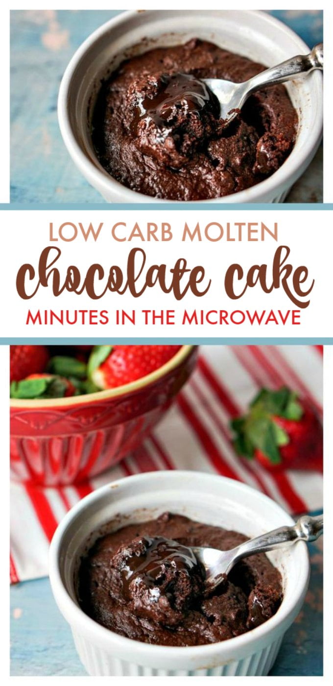 This low carb molten chocolate cake takes less than 5 minutes to make because you make it in the microwave. This easy, low carb dessert would be perfect for Valentine's Day or when you have a chocolate craving. Only 4.9g net carbs.
