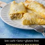 white plate with low carb chicken crepes and text overlay