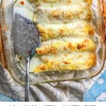 baking dish of low carb chicken crepes and text overlay