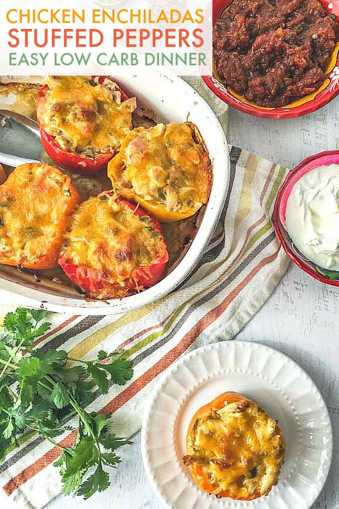 These cheesy chicken enchilada stuffed peppers make a delicious and easy low carb dinner that your family will love. They are a gluten free and fun way to get your Mexican food fix. #enchladas #stuffedpeppers #lowcarb #easydinner #chickendinner #healthydinner #easyrecipe #healthyrecipe #Mexicanfood